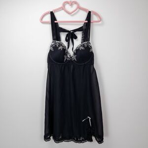 Inner Secrets Lingerie Large Black‎ Babydoll Sheer Embroidery Goth Grunge Alt